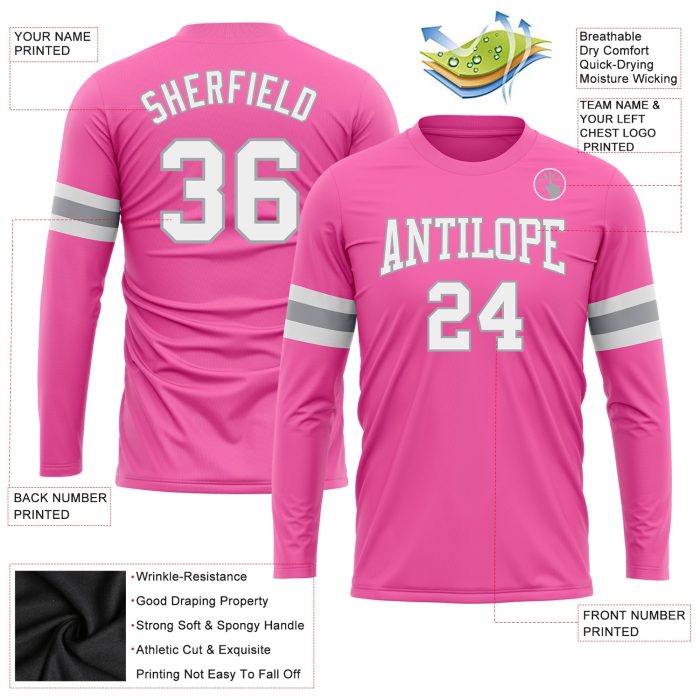 Custom Long Sleeve Performance T-Shirt in Pink, White, and Gray for Women Custom Pink White-Gray Long Sleeve Performance - Image 3