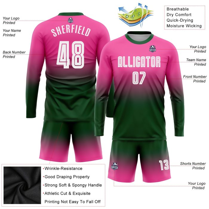 Custom Soccer Uniform Jersey - Pink White Green Fade Sublimation Long Sleeve Fashion Wear Custom Pink White-Green Sublimation - Image 3