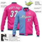 Custom Bomber Fashion Jacket in Pink White Light Blue Black - Full Snap Varsity Letterman Style Custom Pink White Light Blue-Black - Image 3