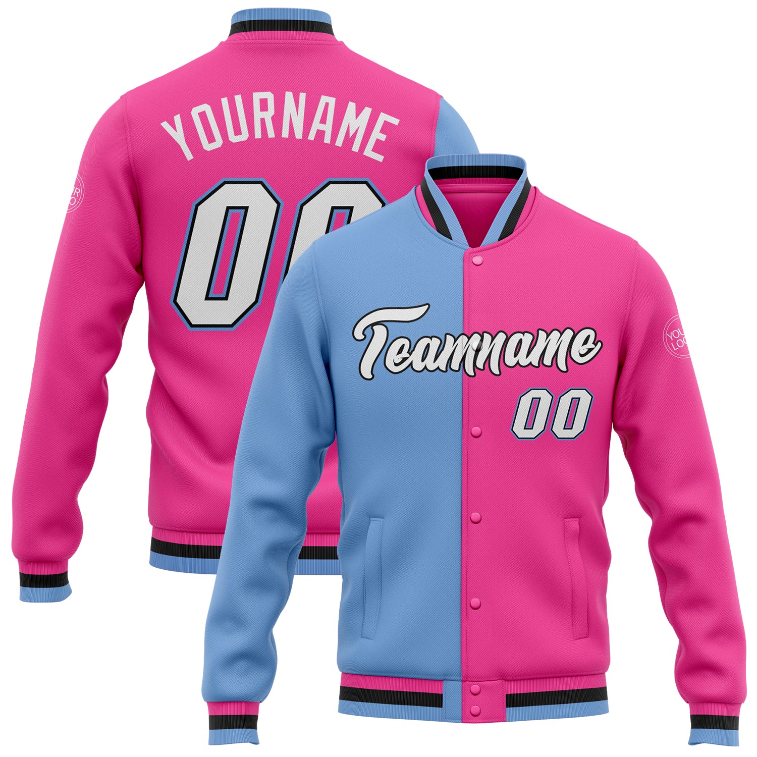 Custom Pink White Light Blue-Black Bomber Full-Snap Varsity Letterman Split Fashion Jacket Custom Bomber Fashion Jacket in Pink White Light Blue Black - Full Snap Varsity Letterman Style Custom Pink White Light Blue-Black - Image 1