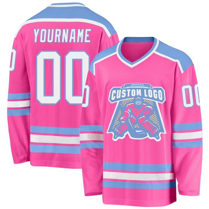 Custom Pink White Light Blue Hockey Jersey for Personalized Team Gear Custom Pink White-Light Blue Hockey Jersey - Image 1