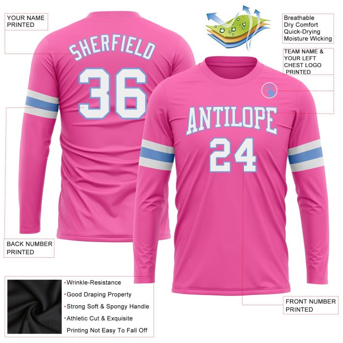 Custom Long Sleeve Performance T-Shirt in Pink, White & Light Blue Custom Pink White-Light Blue Long Sleeve Performance T-Shirt - Image 3