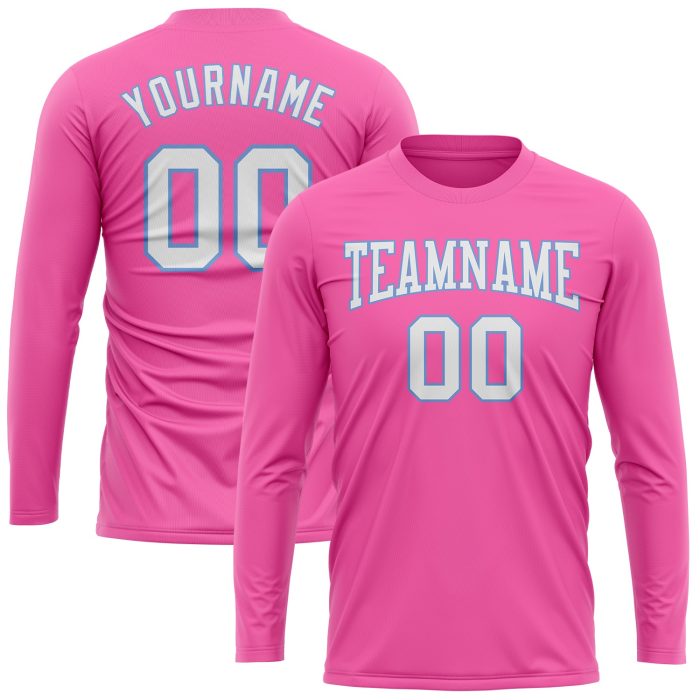Custom Long Sleeve Performance T-Shirt in Pink, White & Light Blue Custom Pink White-Light Blue Long Sleeve Performance T-Shirt - Image 2