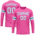 Custom Long Sleeve Performance T-Shirt in Pink, White & Light Blue Custom Pink White-Light Blue Long Sleeve Performance T-Shirt
