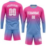 Custom Pink White Light Blue Fade Soccer Uniform Jersey Long Sleeve Sublimation Custom Pink White-Light Blue Sublimation - Image 2