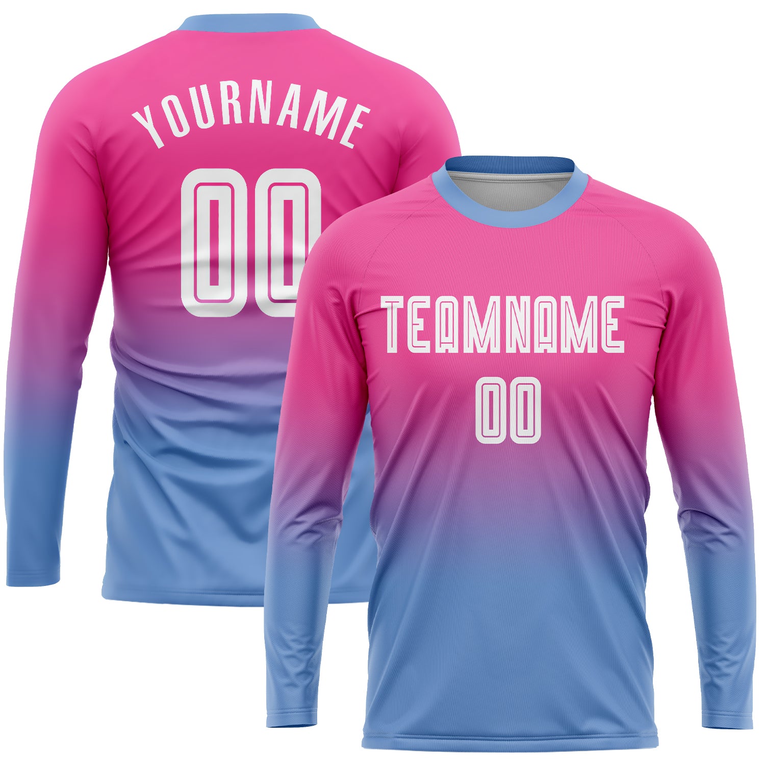 Custom Pink White Light Blue Fade Soccer Uniform Jersey Long Sleeve Sublimation Custom Pink White-Light Blue Sublimation