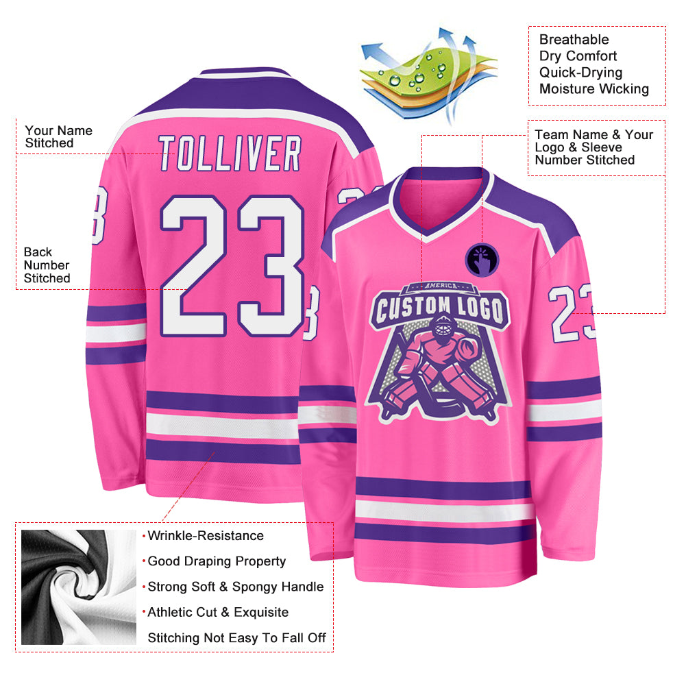 Custom Pink White-Purple Hockey Jersey Personalized Pink White Purple Hockey Jersey for Custom Team Apparel Custom Pink White-Purple Hockey Jersey - Image 3