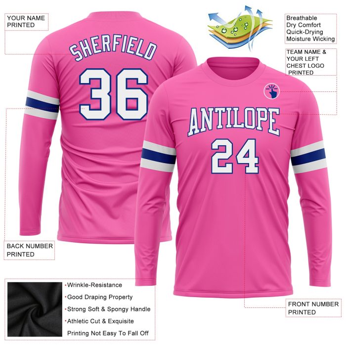 Custom Performance T-Shirt in Pink and White Royal, Long Sleeve Athletic Wear Custom Pink White-Royal Long Sleeve Performance - Image 3