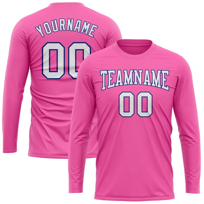 Custom Performance T-Shirt in Pink and White Royal, Long Sleeve Athletic Wear Custom Pink White-Royal Long Sleeve Performance - Image 2