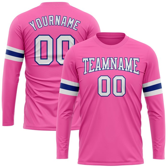 Custom Performance T-Shirt in Pink and White Royal, Long Sleeve Athletic Wear Custom Pink White-Royal Long Sleeve Performance - Image 1