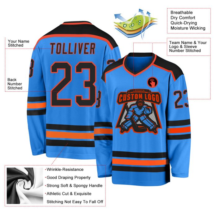 Custom Hockey Jersey - Powder Blue with Black and Orange Trim Custom Powder Blue Black-Orange Hockey Jersey - Image 3