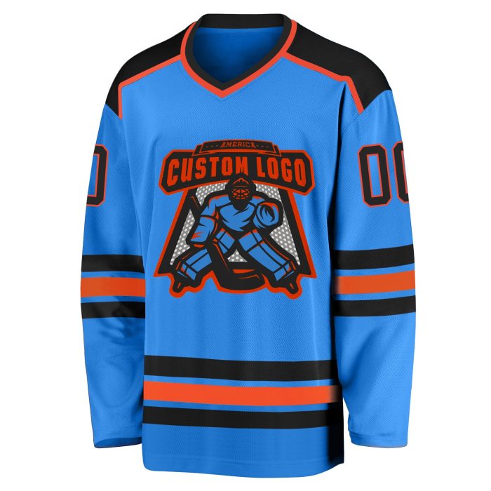 Custom Hockey Jersey - Powder Blue with Black and Orange Trim Custom Powder Blue Black-Orange Hockey Jersey - Image 2