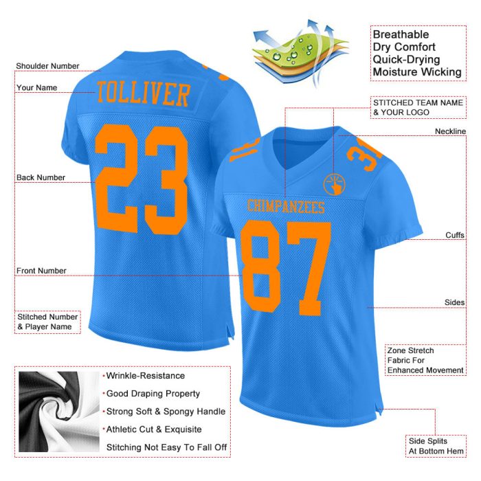 Custom Powder Blue Blaze Orange Authentic Football Jersey - Mesh Design, Personalized Sports Apparel Custom Powder Blue Blaze - Image 2