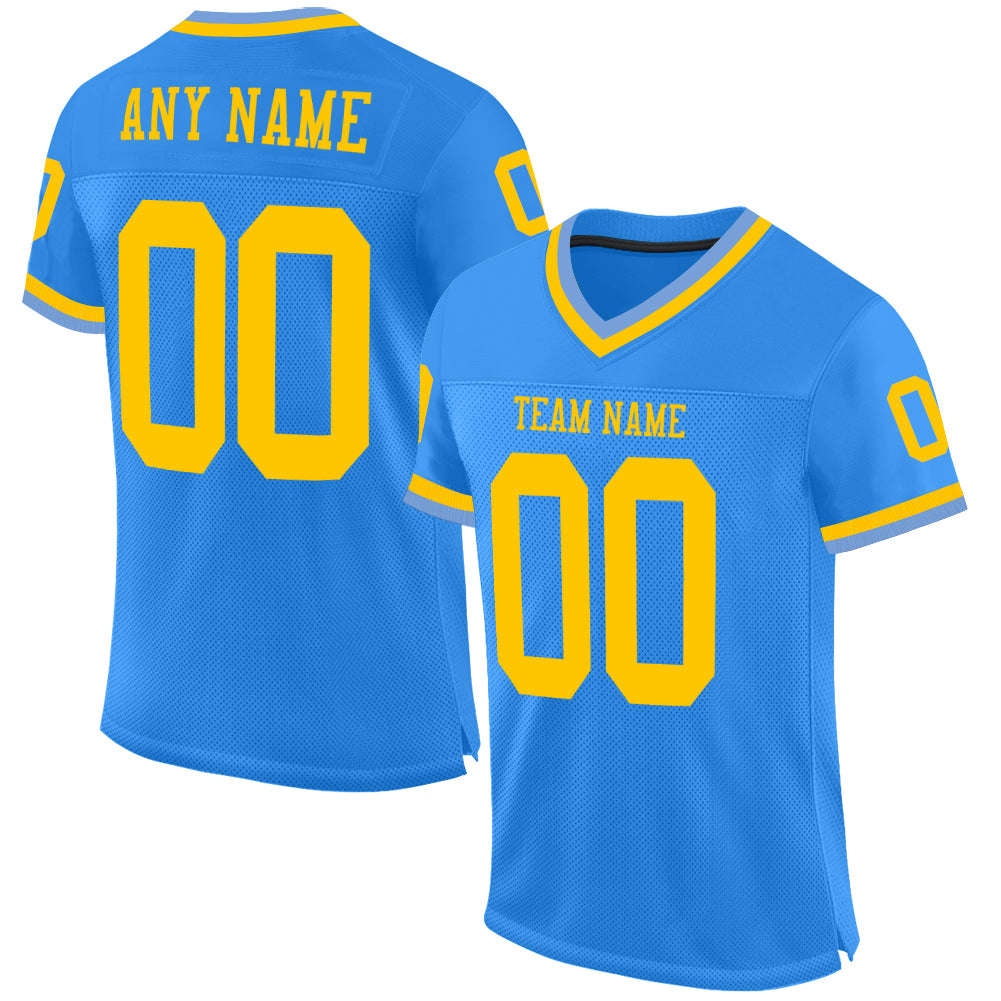 Custom Powder Blue Gold Mesh Authentic Football Jersey - Throwback Style Custom Powder Blue Gold Mesh Authentic Throwback