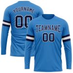 Custom Powder Blue Long Sleeve Performance T-Shirt - Navy and White Design Custom Powder Blue Navy-White Long Sleeve Performance