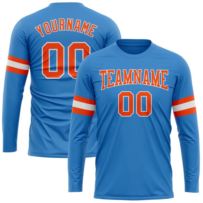 Custom Performance T-Shirt in Powder Blue with Orange and White - Long Sleeve Athletic Shirt Custom Powder Blue Orange-White - Image 1