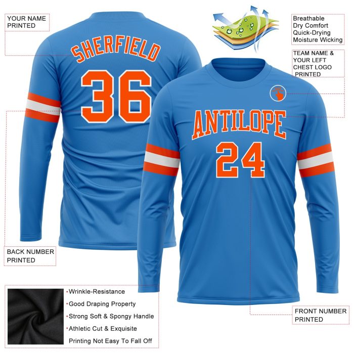 Custom Performance T-Shirt in Powder Blue with Orange and White - Long Sleeve Athletic Shirt Custom Powder Blue Orange-White - Image 3