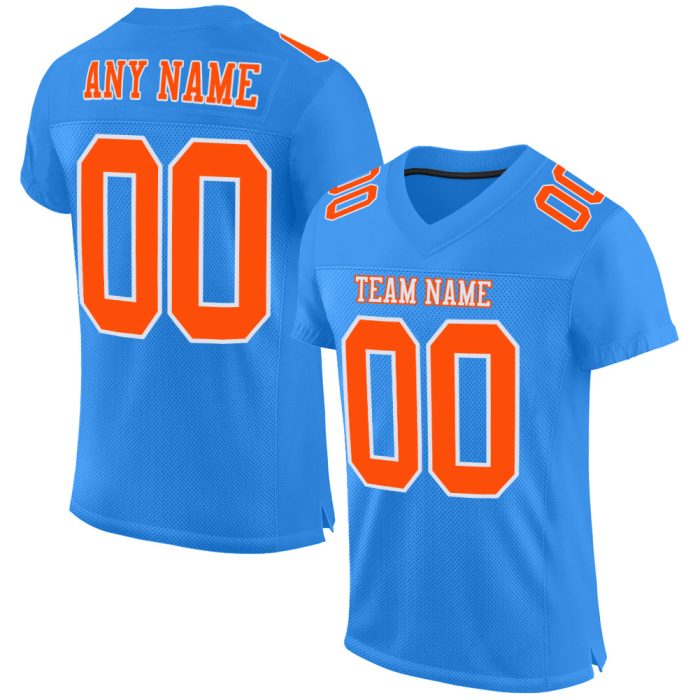 Custom Football Jersey in Powder Blue with Orange and White Mesh Authentic Design Custom Powder Blue Orange-White Mesh Authentic - Image 1
