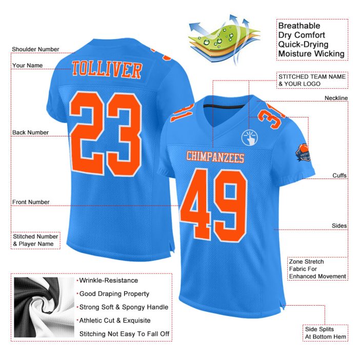 Custom Football Jersey in Powder Blue with Orange and White Mesh Authentic Design Custom Powder Blue Orange-White Mesh Authentic - Image 2