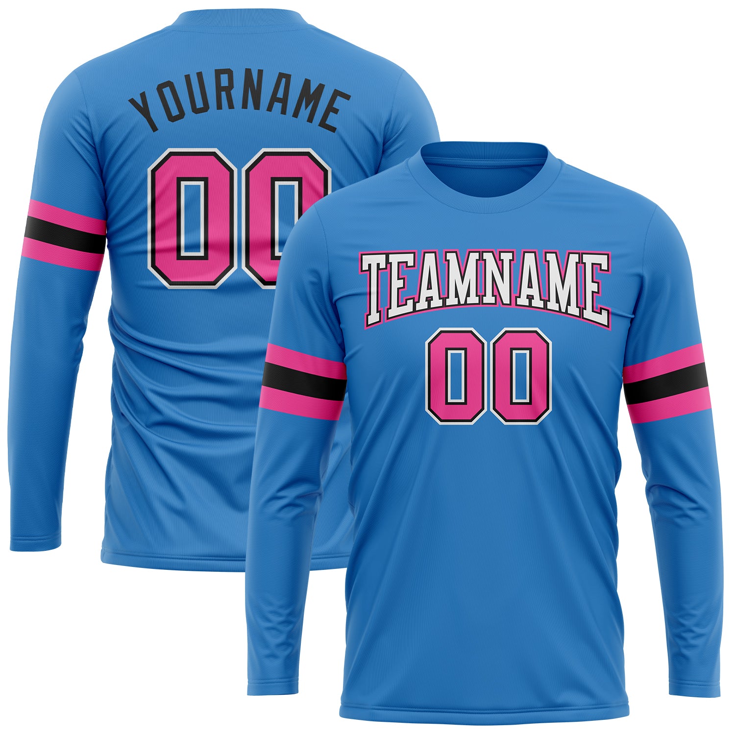 Custom Performance T-Shirt for Men and Women - Long Sleeve in Powder Blue, Pink, Black, and White Custom Powder Blue Pink