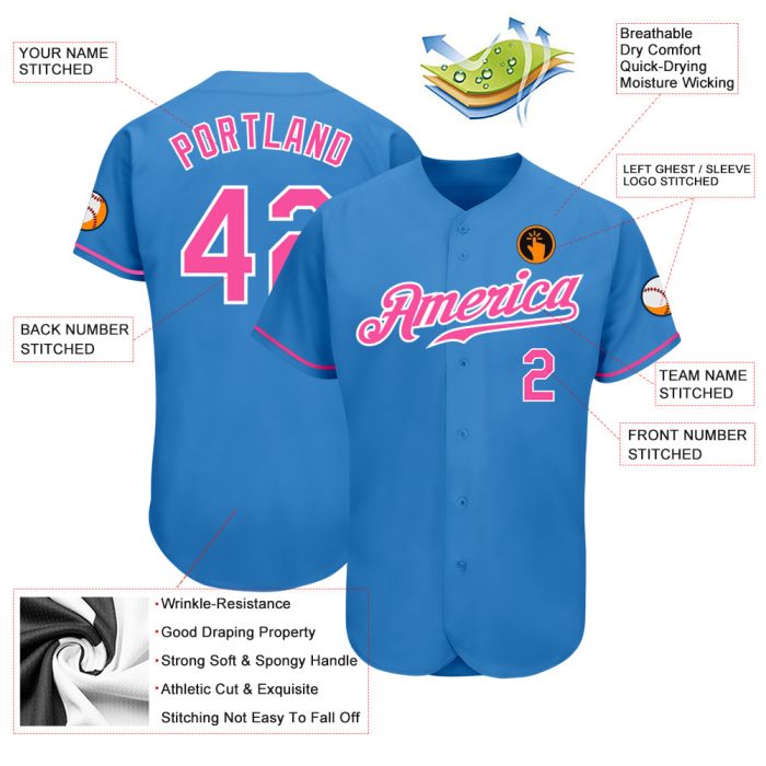Custom Authentic Baseball Jersey in Powder Blue and Pink-White Custom Powder Blue Pink-White Authentic Baseball Jersey - Image 3