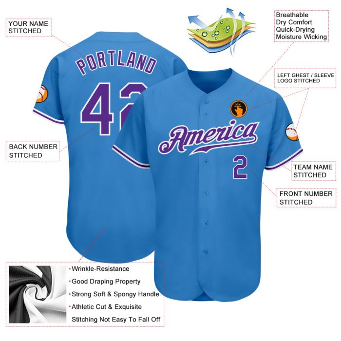 Custom Powder Blue Purple White Baseball Jersey - Authentic Team Apparel Custom Powder Blue Purple-White Authentic Baseball - Image 3