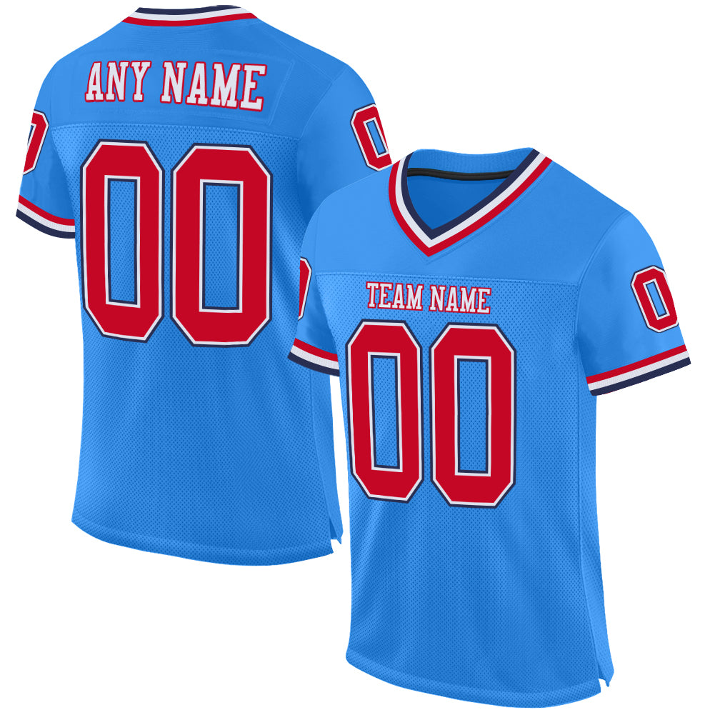 Custom Powder Blue Red-Navy Mesh Authentic Throwback Football Jersey Powder Blue Football Jersey Custom Red-Navy Authentic Throwback Mesh Design Custom Powder Blue Red-Navy Mesh Authentic Throwback - Image 1