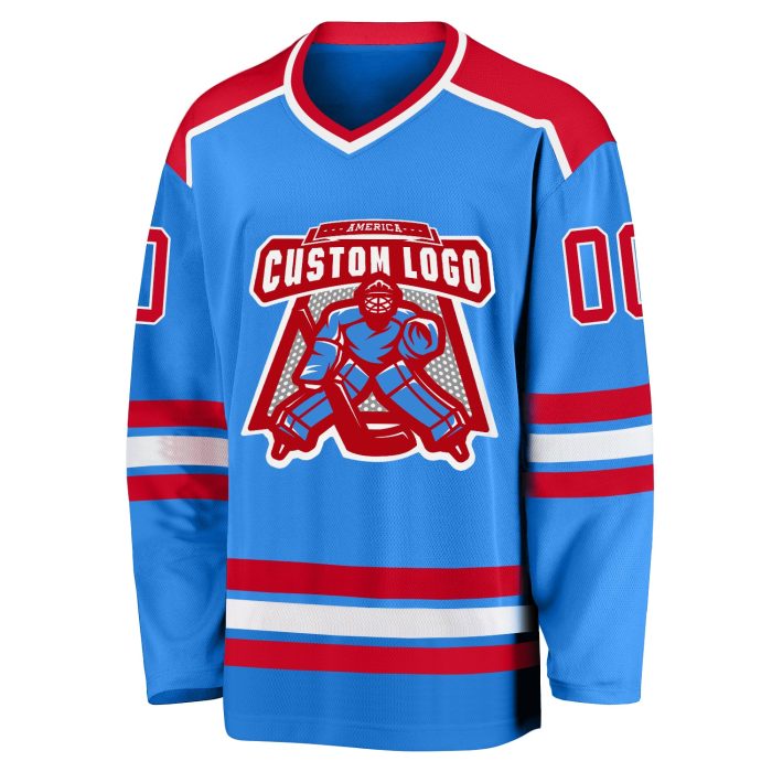 Powder Blue Custom Hockey Jersey - Red and White Team Uniform Custom Powder Blue Red-White Hockey Jersey - Image 2