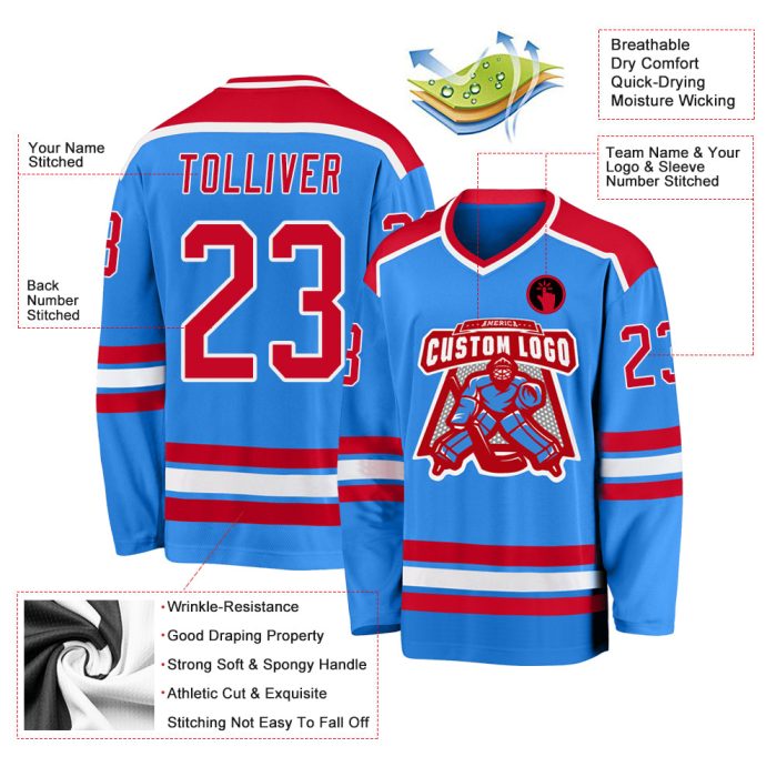 Powder Blue Custom Hockey Jersey - Red and White Team Uniform Custom Powder Blue Red-White Hockey Jersey - Image 3