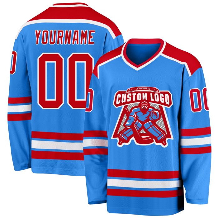 Powder Blue Custom Hockey Jersey - Red and White Team Uniform Custom Powder Blue Red-White Hockey Jersey - Image 1