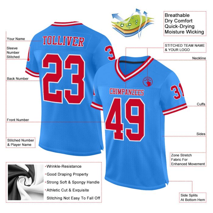 Custom Powder Blue Authentic Throwback Football Jersey - Red and White Mesh Design Custom Powder Blue Red-White Mesh Authentic - Image 2