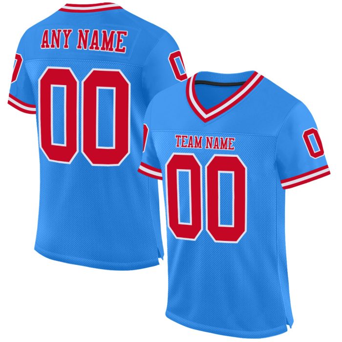 Custom Powder Blue Authentic Throwback Football Jersey - Red and White Mesh Design Custom Powder Blue Red-White Mesh Authentic - Image 1