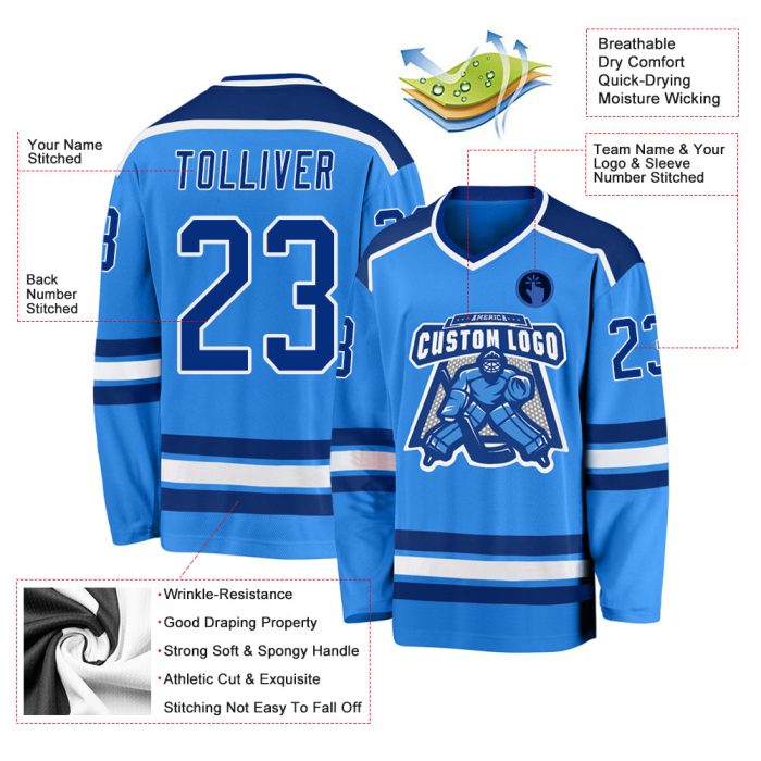 Custom Powder Blue Hockey Jersey - Royal White Team Jersey for Men and Women Custom Powder Blue Royal-White Hockey Jersey - Image 3