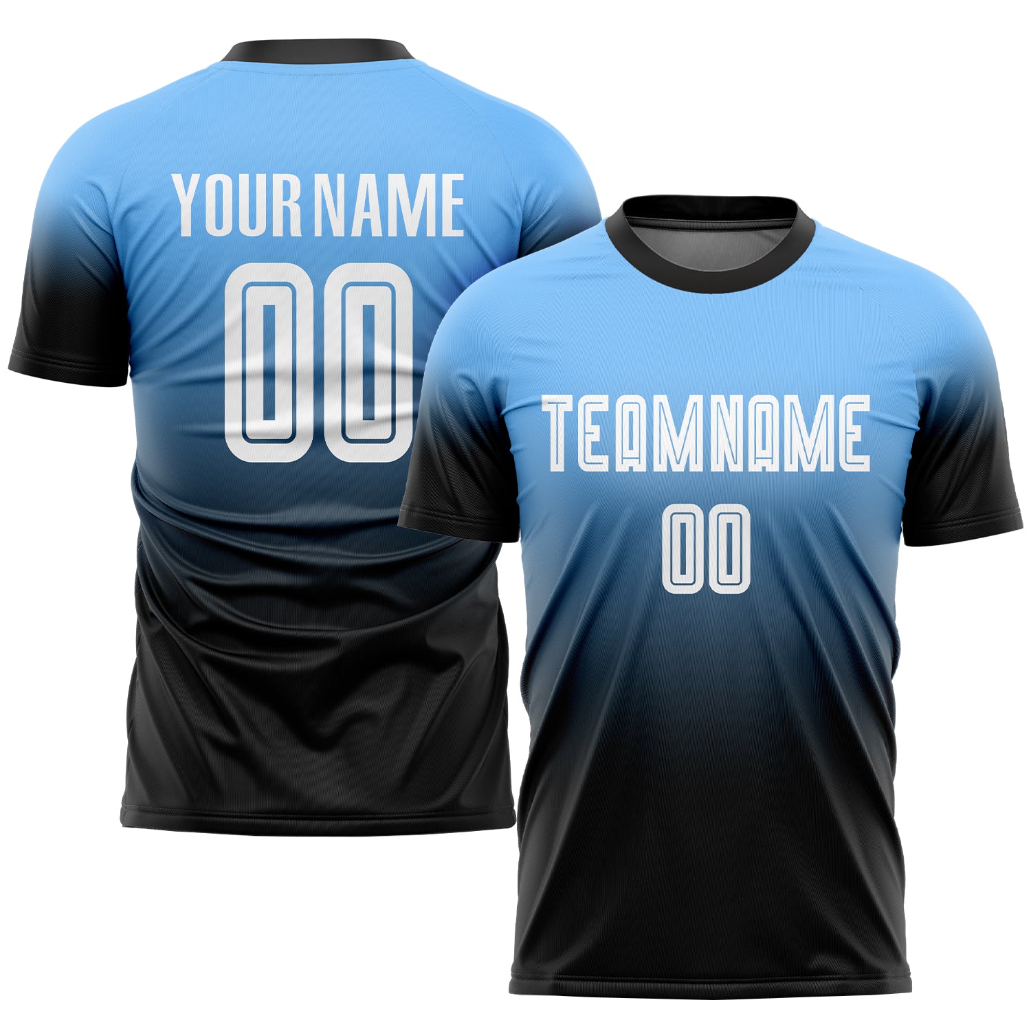Custom Powder Blue White-Black Sublimation Fade Fashion Soccer Uniform Jersey Custom Powder Blue Sublimation Fade Soccer Jersey - Fashion Uniform - Black/White Custom Powder Blue White-Black Sublimation - Image 1