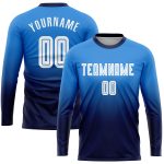 Custom Powder Blue White-Navy Soccer Uniform Jersey Long Sleeve Fade Fashion Custom Powder Blue White-Navy Sublimation Long