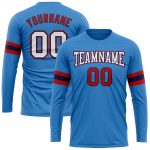 Custom Performance Long Sleeve T-Shirt in Powder Blue, White, Red-Navy Colors Custom Powder Blue White Red-Navy Long Sleeve