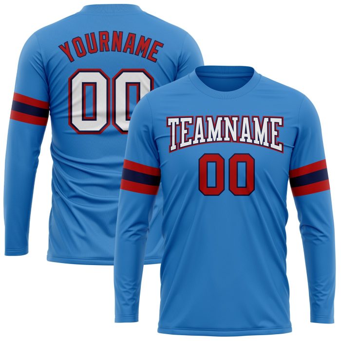 Custom Performance Long Sleeve T-Shirt in Powder Blue, White, Red-Navy Colors Custom Powder Blue White Red-Navy Long Sleeve - Image 1