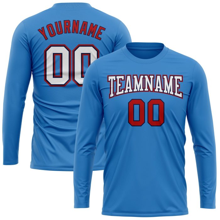 Custom Performance Long Sleeve T-Shirt in Powder Blue, White, Red-Navy Colors Custom Powder Blue White Red-Navy Long Sleeve - Image 2