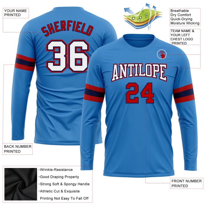Custom Performance Long Sleeve T-Shirt in Powder Blue, White, Red-Navy Colors Custom Powder Blue White Red-Navy Long Sleeve - Image 3