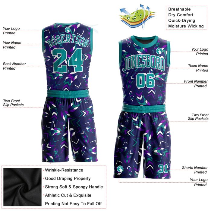 Custom Purple Aqua-White Music Festival Jersey Sublimation Basketball Suit Round Neck Custom Purple Aqua-White Music Festival - Image 2
