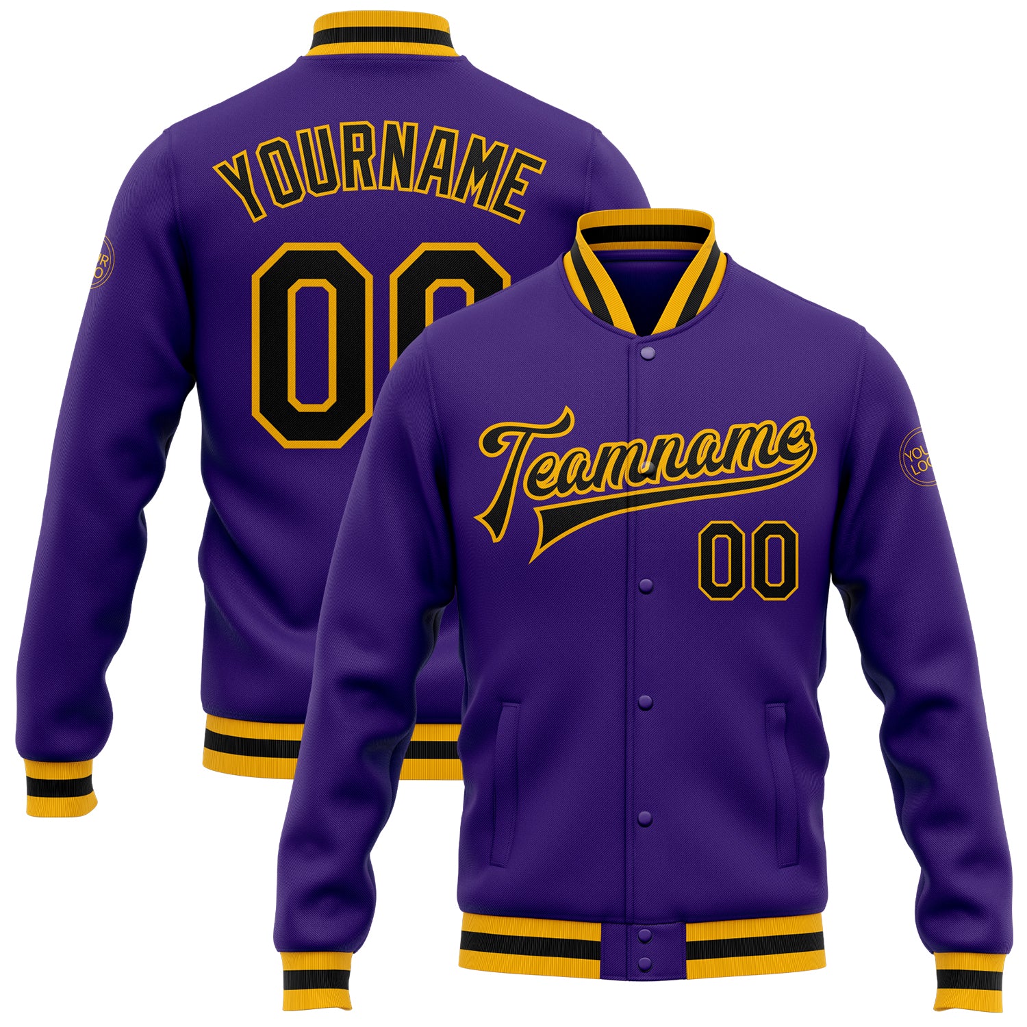 Custom Purple Black Gold Varsity Letterman Jacket Full Snap Bomber Jacket Custom Purple Black-Gold Bomber Full-Snap Varsity