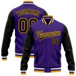Purple Black-Gold Custom Two Tone Bomber Varsity Letterman Full-Snap Jacket Custom Purple Black-Gold Bomber Full-Snap Varsity