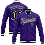 Custom Purple Black Gray Bomber Varsity Letterman Jacket - Full-Snap Design for Stylish Comfort Custom Purple Black-Gray