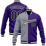 Custom Purple Black Gray Varsity Letterman Bomber Jacket Full-Snap Fashion Design Custom Purple Black-Gray Bomber Full-Snap