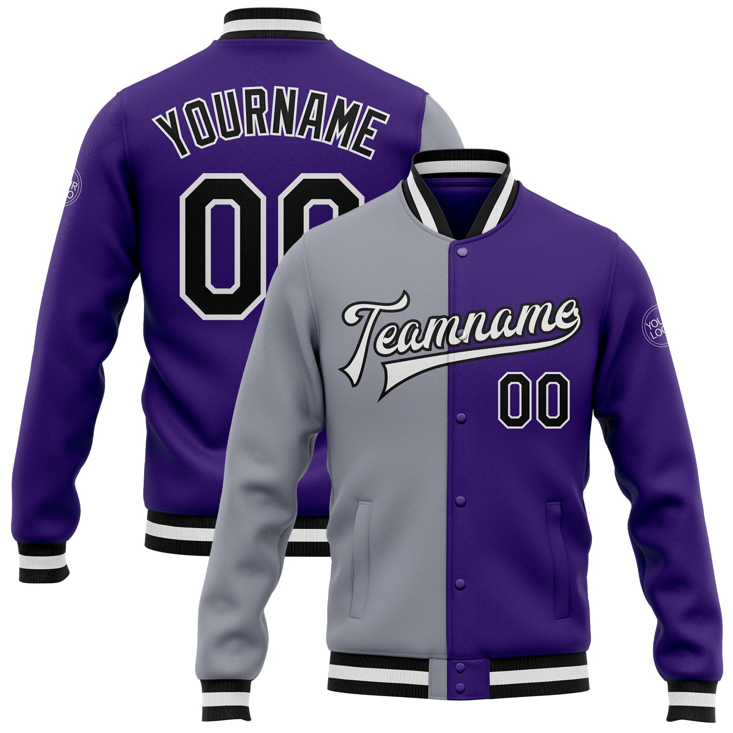 Custom Purple Black Gray Varsity Letterman Bomber Jacket Full-Snap Fashion Design Custom Purple Black-Gray Bomber Full-Snap