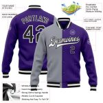 Custom Purple Black Gray Varsity Letterman Bomber Jacket Full-Snap Fashion Design Custom Purple Black-Gray Bomber Full-Snap - Image 3
