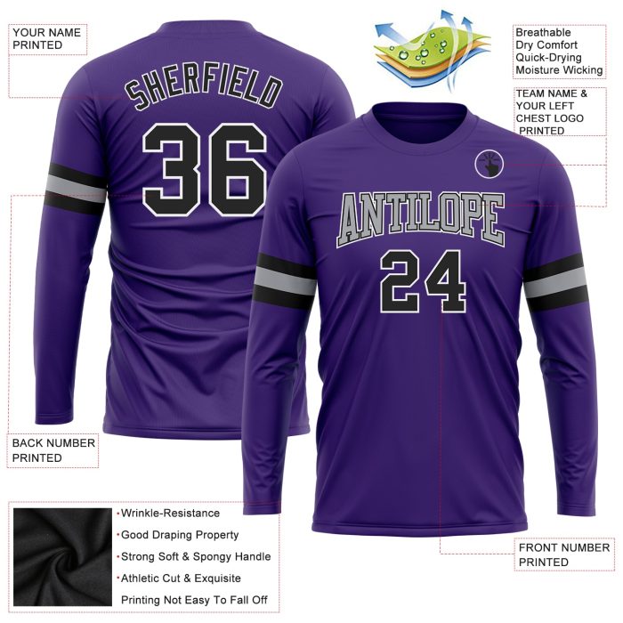 Custom Performance Long Sleeve T-Shirt in Purple Black-Gray for Men/Women Custom Purple Black-Gray Long Sleeve Performance - Image 3