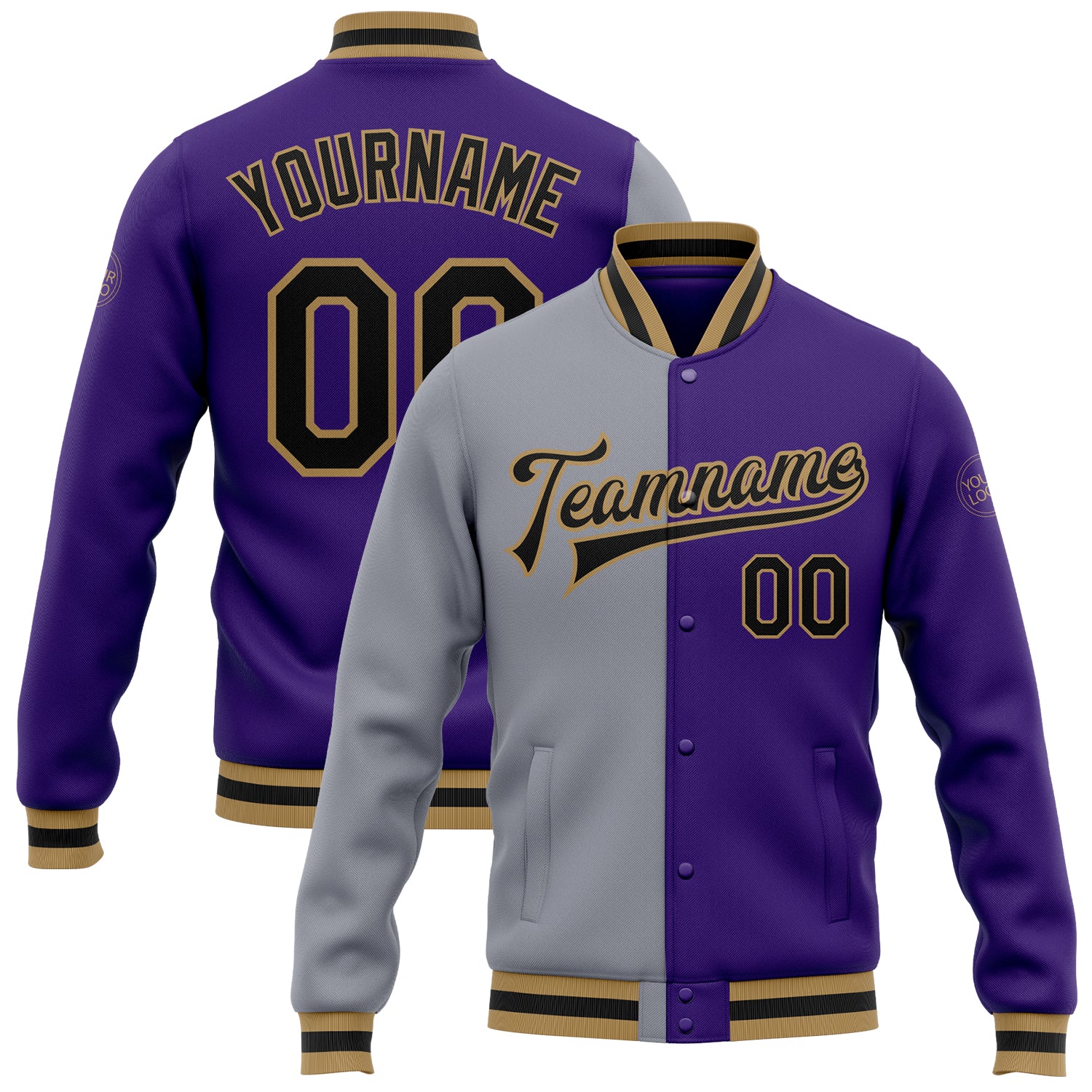 Custom Bomber Jacket in Purple Black Gray and Old Gold, Full-Snap Varsity Letterman Split Fashion Style Custom Purple Black