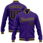 Custom Bomber Varsity Letterman Jacket in Purple Black and Old Gold Custom Purple Black-Old Gold Bomber Full-Snap Varsity
