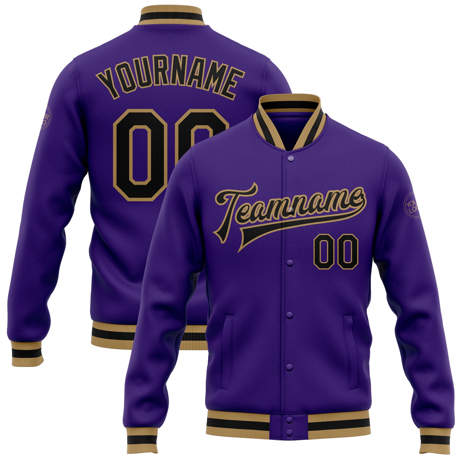 Custom Bomber Varsity Letterman Jacket in Purple Black and Old Gold Custom Purple Black-Old Gold Bomber Full-Snap Varsity